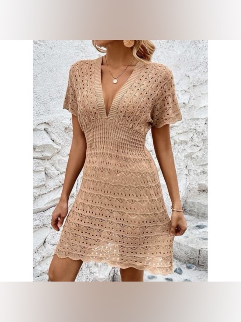 BRAND NEW WITH TAGS Beige Crochet Knit Beach Cover Up Dress